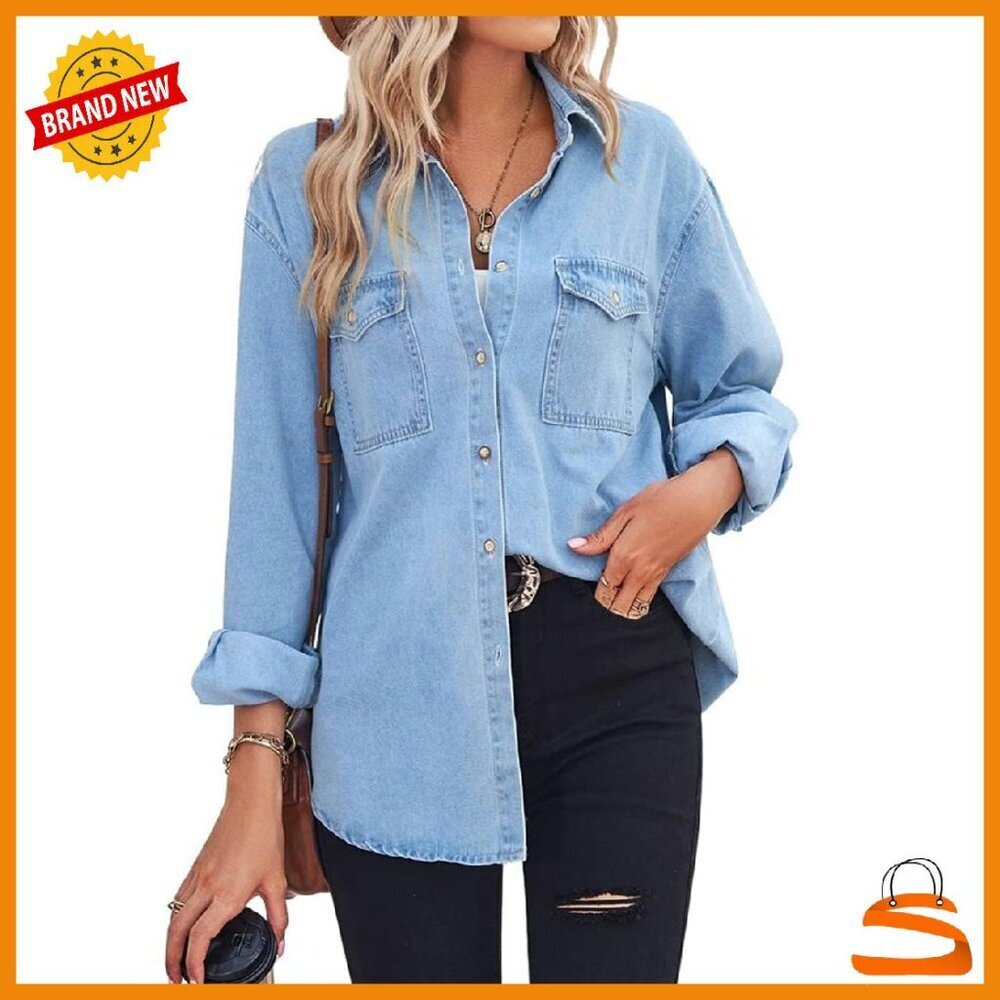 Long Sleeve Denim Button Down Shirt Women's Casual Oversized Fit